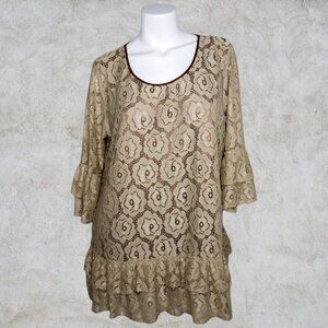 Lady Noiz Tan Lace Ruffled Top Women's with Smooth Chocolate Brown Liner